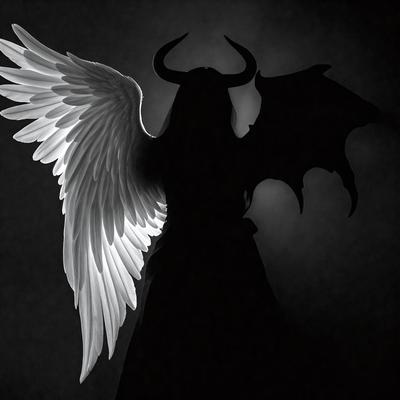 The primary subject of the image is a woman with wings, possibly an angel or a demon. She is standing in a dark room, with a black background. The visual style of the image is a combination of photo and digital art, creating a surreal and dramatic atmosphere. The woman's wings are white, and she is wearing a dress, which adds to the overall mood of the image.